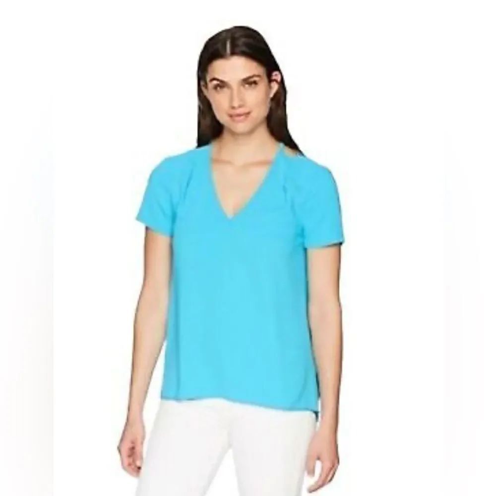 TRINA TURK Floramina Open Shoulder V-Neck Short Sleeve Top M Turquoise Blue NWOT